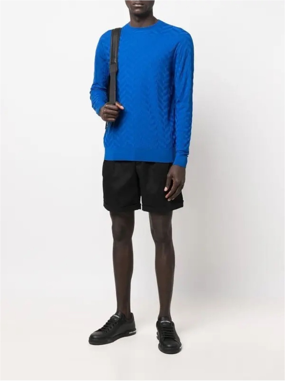 EMPORIO ARMANI Diamond Stitch Textured Crewneck Knit Jumper in Blue